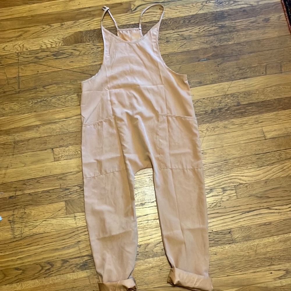 beige/camel color jumpsuit with side pockets